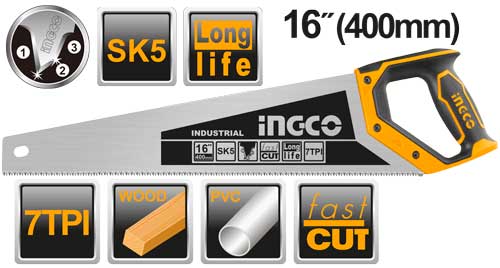 Ingco 400mm (16-Inch) Professional Hand Saw – Heavy-Duty Fast-Cutting Woodworking Saw with 7 TPI 3-Edge Teeth and Ergonomic Soft Grip Handle (HHAS28400)