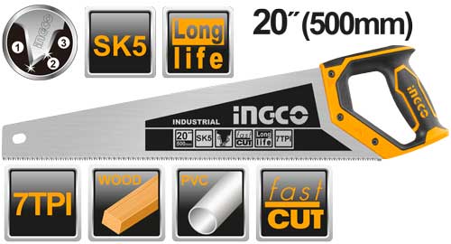 Title Ingco 20-Inch Industrial Heavy-Duty Hand Saw – Professional 500mm Woodworking Crosscut Saw Equipped with 8 TPI Triple-Ground Fast Cutting Teeth (HHAS28500)