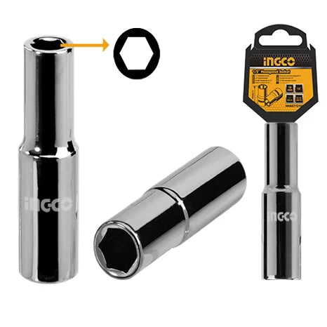 Ingco 24mm Professional 1/2 Inch Drive Deep Hexagonal Socket - 6-Point Forged 50BV30 Steel Long Socket Piece with Black Nickel Plating (HHAST12243L)