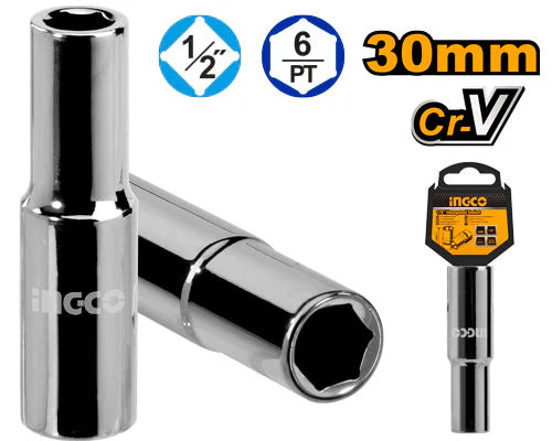Ingco 1\2-Inch Drive 30mm Professional Industrial Standard Socket – Heavy-Duty Chrome-Vanadium Steel Metric Hexagonal Socket for Automotive and Mechanical Maintenance (HHAST12303L)