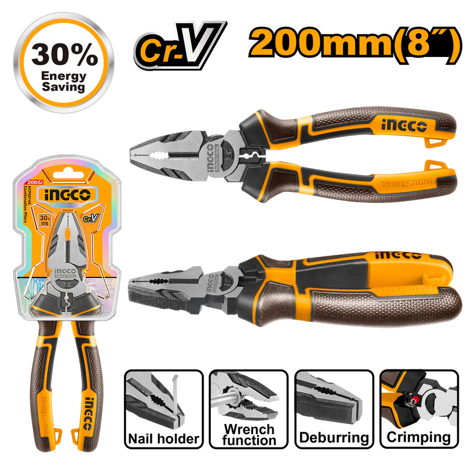 Ingco 8-Inch Industrial High-Leverage Combination Pliers – Heavy-Duty Chrome-Vanadium Steel Universal Gripping and Cutting Pliers with Ergonomic Comfort Grip (HHCP28200)