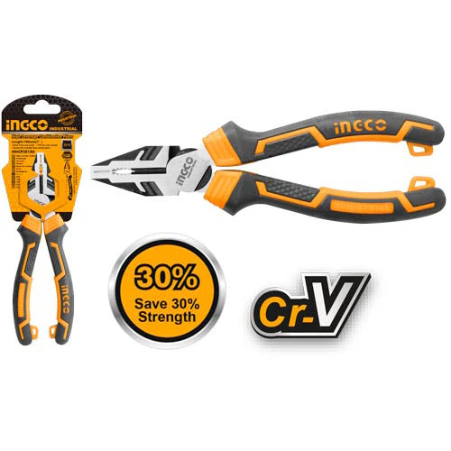 Ingco 8-Inch Industrial High-Leverage Combination Pliers – Heavy-Duty Chrome-Vanadium Steel Universal Gripping and Cutting Pliers with Ergonomic Comfort Grip (HHCP28200)