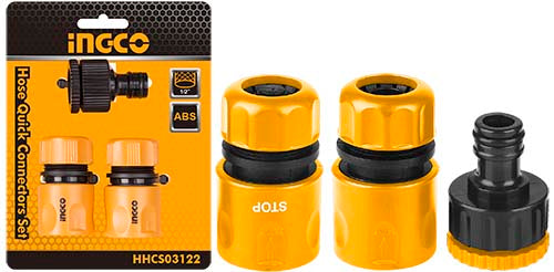 Ingco 3-Piece 1/2 Inch Quick-Connect Hose Pipe Fitting Set - High-Impact Heavy-Duty ABS Plastic Garden Water Hose Pipe Adapter Coupling Kit (HHCS03122)