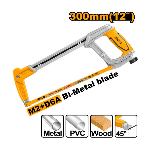 INGCO 12" / 300mm Industrial Heavy-Duty Hacksaw Frame (Monture de Scie à Métaux) – Quick-Release Mechanism, Adjustable Blade Tension, Aluminium + ABS + TPR Ergonomic Handle, and 65Mn Blade Included (HHF3088)
