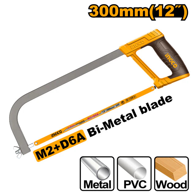 Ingco 12-Inch Heavy-Duty Hacksaw Frame | Professional 300mm Manual Hand Saw with Included Premium M2 and D6A Bi-Metal Blade (HHFS3068)