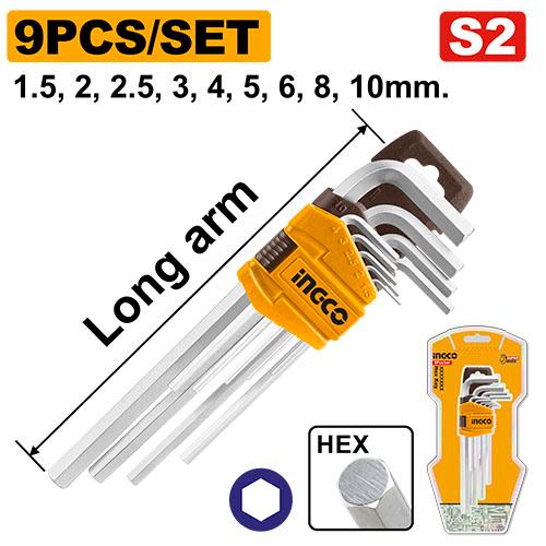 Ingco 9-Piece Professional Long Arm Hex Key Set | Premium Cr-V Metric Allen Wrench Kit with Storage Clip - 1.5mm to 10mm (HHK11091)