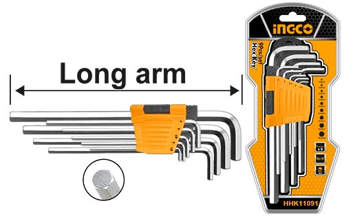 Ingco 9-Piece Professional Long Arm Hex Key Set | Premium Cr-V Metric Allen Wrench Kit with Storage Clip - 1.5mm to 10mm (HHK11091)