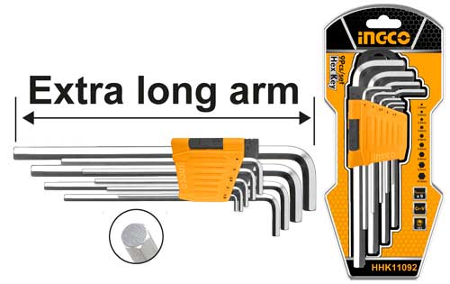 Ingco 9-Piece Hex Key Set | Extra-Long Arm Chrome Vanadium Allen Wrench Set with Ball End (HHK11092)