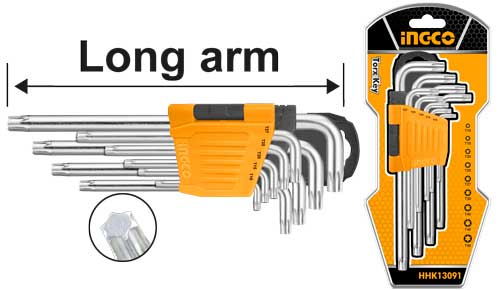 INGCO 9-Piece Long-Arm Torx Key Set – Premium Heat-Treated S2 Alloy Steel, Industrial Chrome-Plated Finish, and T10 to T50 Star Wrench Selection (HHK13091)