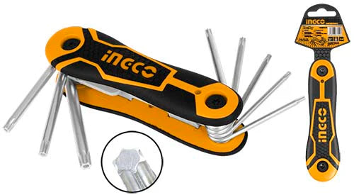 Ingco 8-Piece Folding Torx Key Wrench Set | Chrome-Vanadium Steel Tamper-Resistant Star Key Set (HHK14083)