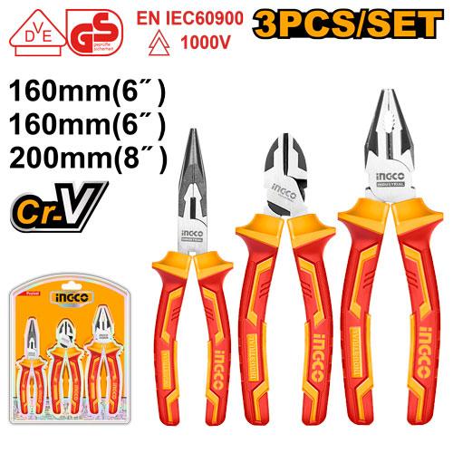 INGCO 3-Piece Professional Insulated Pliers Set – 1000V VDE/GS Certified, High-Grade Cr-V Steel, Black Polished Finish, and Two-Color Ergonomic Handles (HIKPS28318)