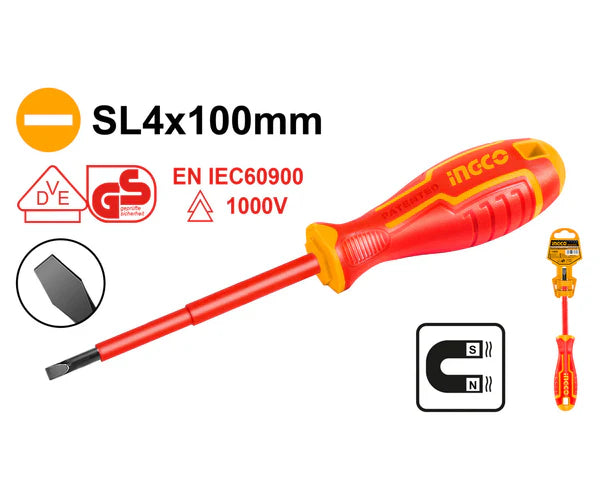 Ingco 100mm Insulated Slotted Screwdriver | VDE 1000V Certified Cr-V Flat Head Electrician Hand Tool (HISD814100)
