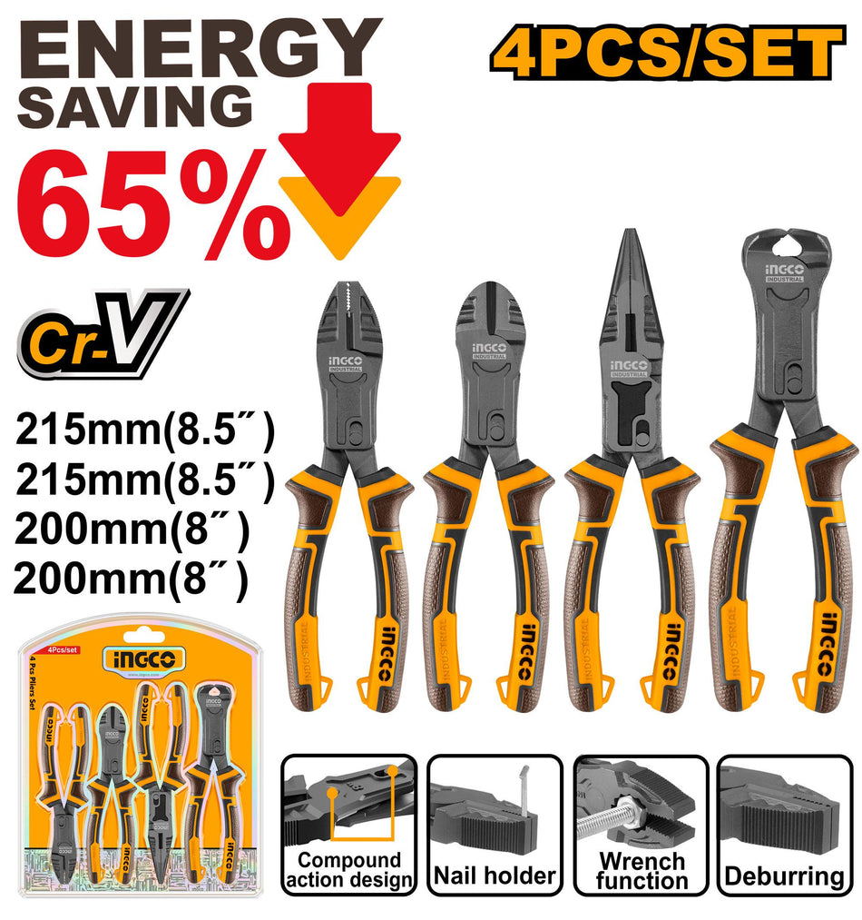 INGCO 4-Piece Compound Action Heavy-Duty Pliers Set (Jeu de Pinces Démultipliées) – Cr-V Steel, High-Leverage 65% Energy-Saving Mechanism, Teflon Anti-Rust Coating, and TPR Three-Color Comfort Grips (HKCPS5841)