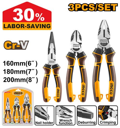 Ingco 3-Piece Industrial High-Leverage Pliers Set | Premium Cr-V Forged Combination, Diagonal Cutting & Long Nose Plier Trio with 30% Effort-Saving Pivot Layout (HKHLPS2831)