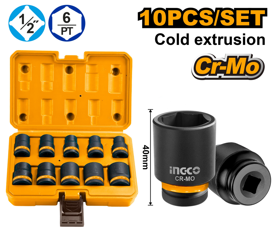 Ingco 10-Piece 1/2-Inch Drive Professional Standard Impact Socket Set – Heavy-Duty 40mm Shallow Chrome-Molybdenum Steel Metric Socket Kit Ranging from 10mm to 24mm (HKISSD12101)