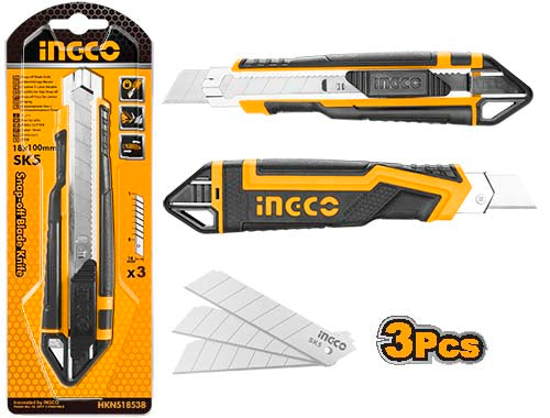 Ingco Professional 18mm Snap-Off Blade Knife | Heavy-Duty Retractable Utility Cutter with 3 SK5 Steel Blades (HKNS16538)