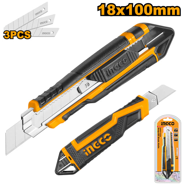 Ingco Professional 18mm Snap-Off Blade Knife | Heavy-Duty Retractable Utility Cutter with 3 SK5 Steel Blades (HKNS16538)