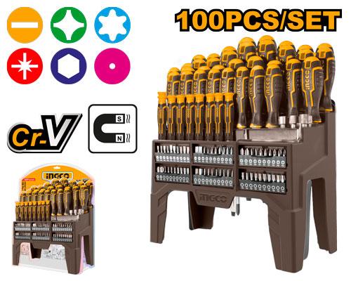 INGCO 100-Piece Screwdriver & Bit Set with Storage Rack (Jeu de 100 Tournevis et Embouts) – Premium Chrome Vanadium (Cr-V) Steel, Magnetic Tips, Precision Screwdrivers, 1/4" Nut Drivers, and Organizer Frame (HKSD10028)