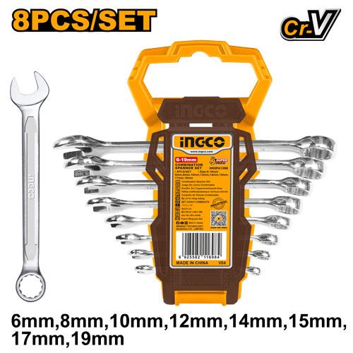 Ingco 8-Piece Combination Spanner Set | Chrome-Vanadium Steel Metric Wrench Kit with Plastic Display Hanger (HKSPA1088)