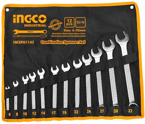 INGCO 12-Piece Fine Polished Combination Spanner Set (6mm to 32mm) – Heavy-Duty Drop-Forged Chrome Vanadium (Cr-V) Steel Wrench Kit with Portable Canvas Roll Bag (HKSPA1143)