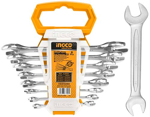 Ingco 8-Piece Double Open-End Spanner Set | Chrome-Vanadium Steel Metric Wrench Kit with Plastic Display Hanger (HKSPA2088)