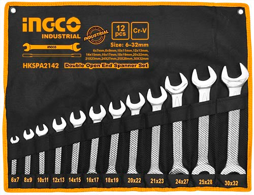 Ingco 12-Piece Professional Industrial Double Open End Spanner Set – Premium Chrome-Vanadium Steel Metric Open Wrench Kit Ranging from 6mm to 32mm with Canvas Storage Bag (HKSPA2142)