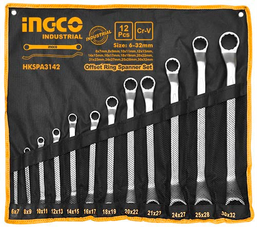 Ingco 12-Piece Professional Industrial Double Offset Ring Spanner Set – Premium Chrome-Vanadium Steel Metric Wrench Set Ranging from 6mm to 32mm with Canvas Storage Bag (HKSPA3142)