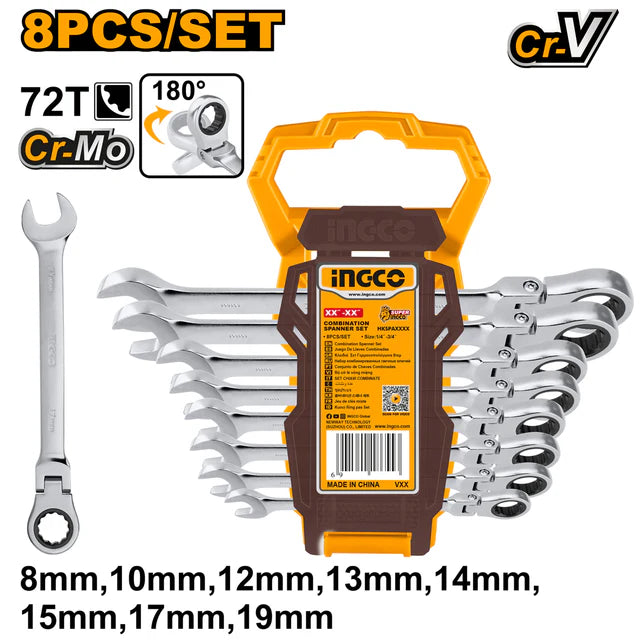 INGCO 8-Piece Flexible Head Combination Ratchet Spanner Set (Clé à Cliquet Flexible) – $180^\circ$ Flex Head, High-Torque Cr-Mo Ratchet Mechanism, Heat-Treated Cr-V Steel, and Fine Polished Finish (HKSPAR1083)