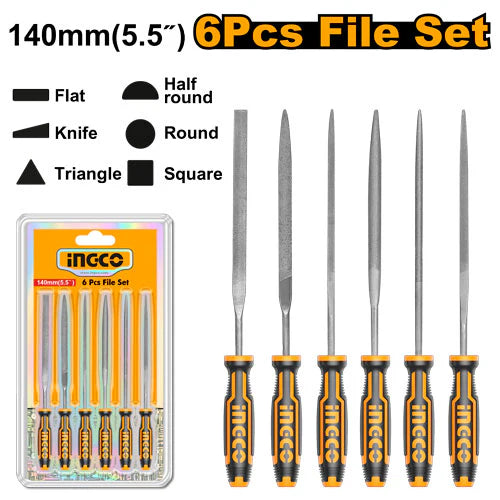 Ingco 6-Piece Professional Needle File Set | 140mm Premium T12 Carbon Steel Precision Shaping and Deburring Tool Kit for Metal and Wood (HKTF63)