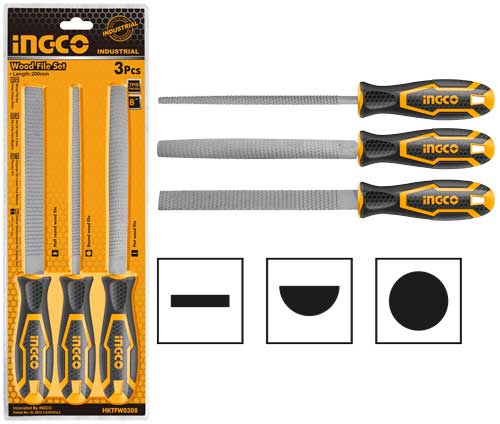 Ingco 3-Piece Wood Rasp File Set | 8" Premium Carbon Steel Ergonomic Rasp Set with Half-Round, Flat, and Round Files (HKTFW0308)