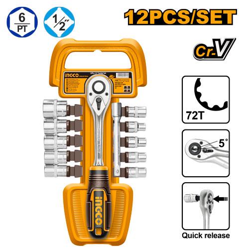 Ingco 12-Piece 1/2" Drive Socket Wrench Set | Premium Cr-V Heat-Treated Metric Socket Set with 72T Quick-Release Ratchet (HKTS12122)