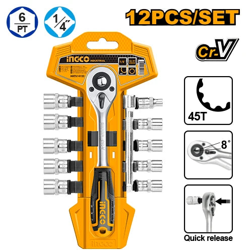 INGCO 12-Piece 1/4" Metric Socket Set (5–14mm) – Quick-Release Ratchet Handle, 100mm Extension Bar, Heat-Treated Cr-V 50BV30 Steel, and Plastic Hanger (HKTS14122)