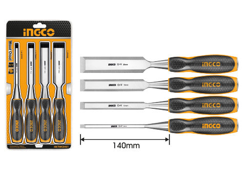 Ingco 4-Piece Wood Chisel Set | Carbon Steel Blades with Ergonomic High-Impact Grips (HKTWC0401)