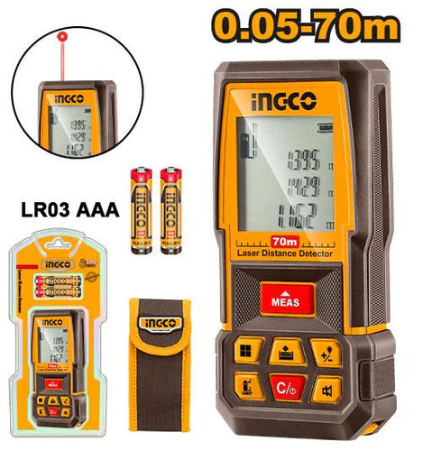 Ingco 70m Digital Laser Distance Detector | High-Precision Metric/Imperial Range Finder with Backlit LCD Screen (HLDD0708)