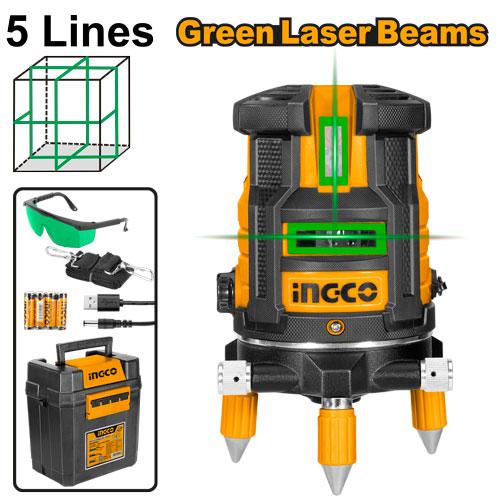INGCO 5-Line Self-Leveling Green Beam Laser Level (Niveau Laser 5 Lignes) – 30m Working Range, 4 Vertical & 1 Horizontal Line, Cross Lock Function, and Heavy-Duty Storage Case (HLL305205)