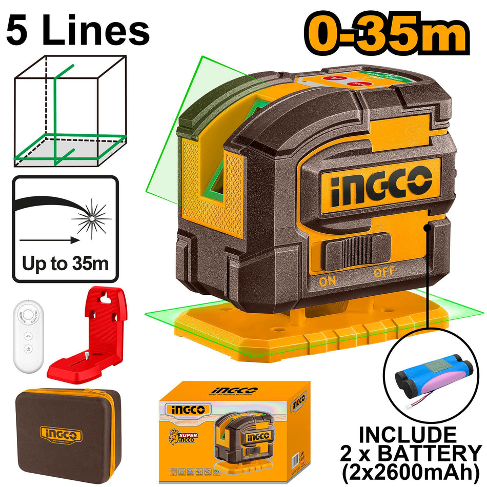INGCO 35m Self-Leveling Green Line Laser – 360° Horizontal & Vertical Lines, Fast ≤3s Auto-Leveling, USB-C Rechargeable, Remote Control, and Magnetic Bracket (HLL306502)
