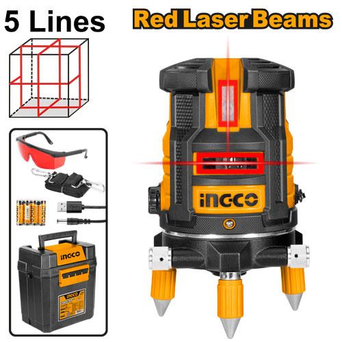 INGCO 30m 5-Line Self-Leveling Red Line Laser Level – High-Visibility 1 Horizontal & 4 Vertical Beams, Smart Auto-Calibration with Out-of-Level Alarm, and Integrated Cross Lock & Laser Gain Functions (HLL306505)