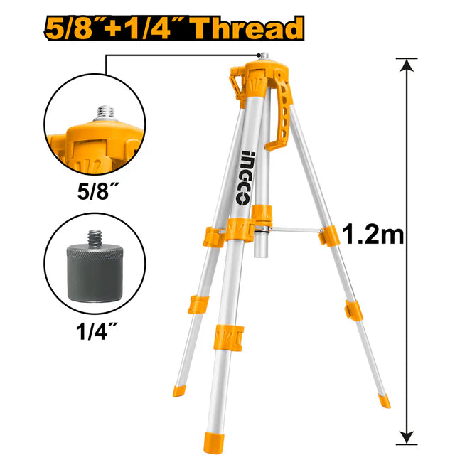 Ingco Heavy-Duty Elevating Tripod for Laser Levels | Adjustable Aluminum Tripod with 5/8" Thread and Carrying Bag (HLLT01152)
