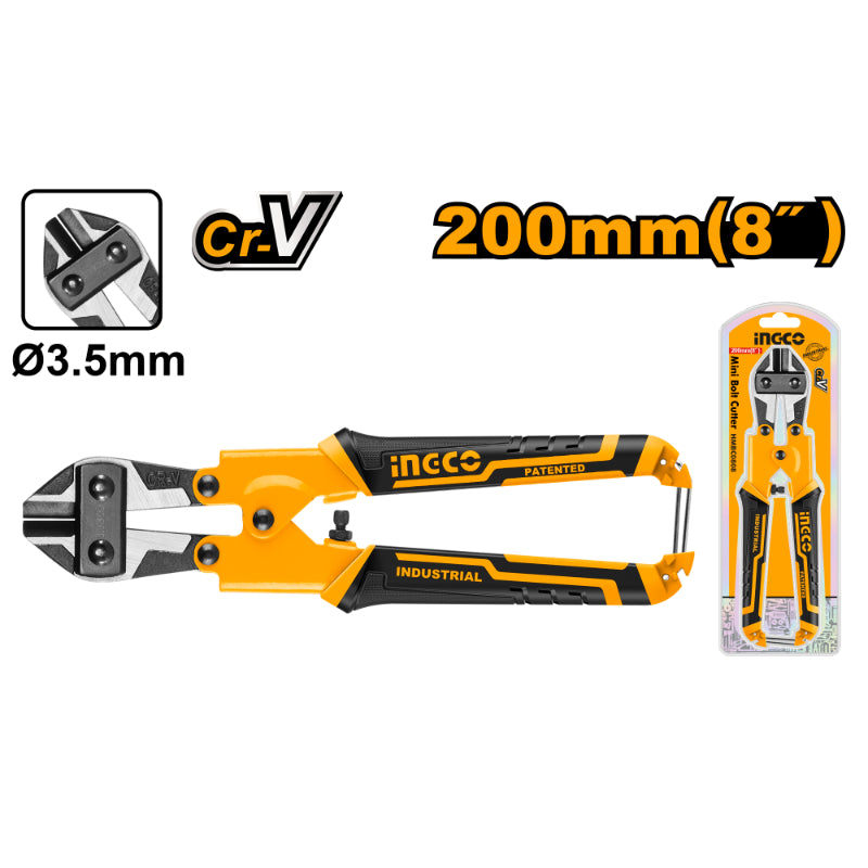 INGCO 8" (200mm) Heavy-Duty Mini Bolt Cutter (Mini Coupe-Boulon) – Drop-Forged Cr-Mo Steel Jaws, 3.5mm Max Cutting Capacity, Black Finish & Polish, Tail Safety Lock, and TPR Three-Color Ergonomic Grips (HMBC0808)