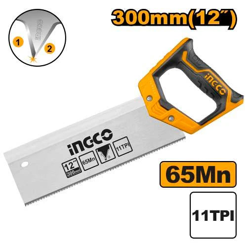 Ingco 12" Professional Tenon Back Saw | 300mm Premium 65Mn Steel Mitre Saw with 11 TPI Triple-Teeth Profile & Ergonomic Soft Grip Handle Layout (HMBSB3008)