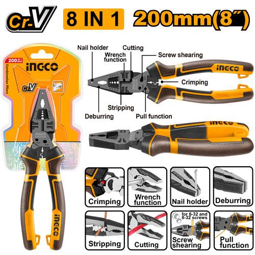 INGCO 8-in-1 Multi-Function Combination Pliers 8" (200mm) – Heavy-Duty Drop-Forged Cr-V Steel, Integrated Wire Stripper, Cutter, Crimper, Reamer, and Cable Puller (HMFCP28200)