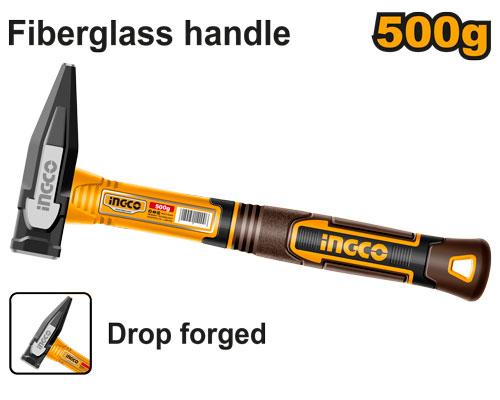 Ingco 500g Machinist Hammer | Premium Drop-Forged 45# Carbon Steel Engineering Cross-Pein Hammer with Three-Color Fiberglass Grip Handle (HMH82500)