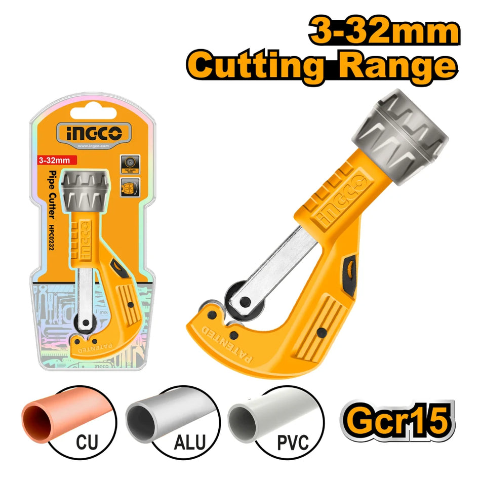 Ingco 3mm to 32mm Professional Pipe Cutter | Premium Zinc Alloy Tube Slicer with High-Grade Gcr15 Blade & Aluminum Knob for Copper, Aluminum & PVC (HPC0232)