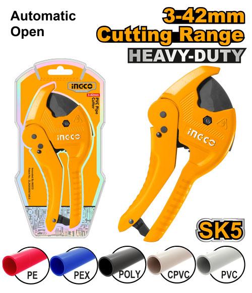Ingco 42mm Heavy-Duty PVC Pipe Cutter | High-Carbon Steel Auto-Opening Ratchet Hose and Plastic Tube Cutter (HPC0442)