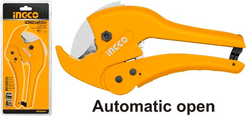 Ingco 42mm Heavy-Duty PVC Pipe Cutter | High-Carbon Steel Auto-Opening Ratchet Hose and Plastic Tube Cutter (HPC0442)