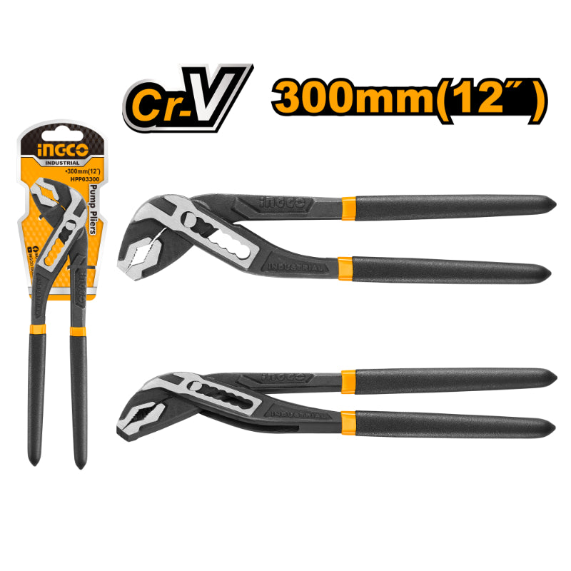 INGCO 12" (300mm) Heavy-Duty Multi-Grip Water Pump Pliers – Drop-Forged Chrome Vanadium Steel, 50mm Max Jaw Opening, Black Polished Anti-Rust Finish, and Ergonomic TPR Soft Grip (HPP03300)