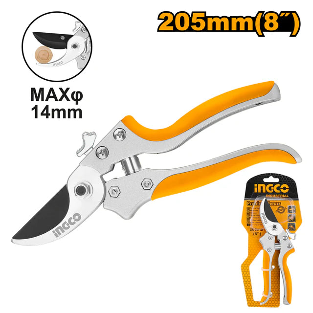 Ingco 8" Bypass Pruning Shears | 205mm Carbon Steel Blade Garden Secateurs with Ergonomic Non-Slip Grips (HPS0308)
