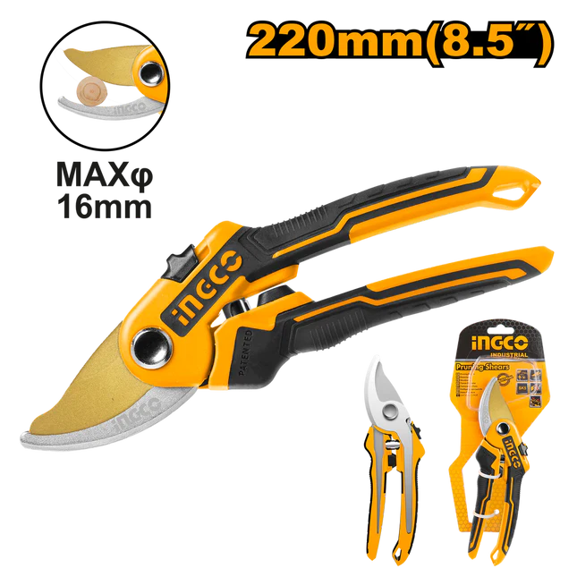 Ingco 8.5" Professional Pruning Shears | Heavy-Duty Bypass Garden Secateurs with Teflon Coated Carbon Steel Blades (HPS0601)