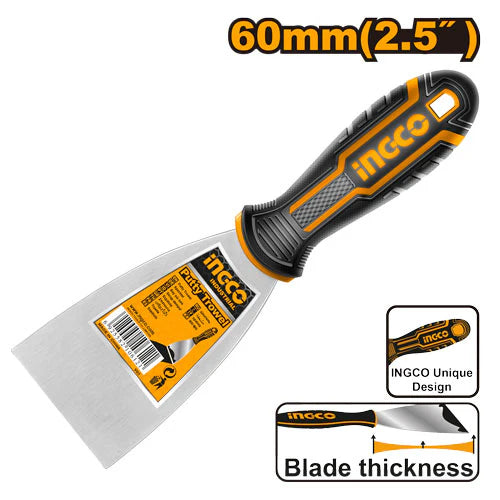 Ingco 60mm Stainless Steel Putty Trowel | Premium Heat-Treated Fine Polished Putty Scraper Knife with Double Color Plastic Grip Handle (HPUT08060)