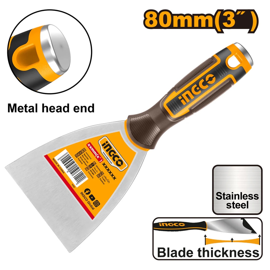 Ingco 80mm Professional Putty Trowel | 3" Premium Carbon Steel Scraper and Spackling Knife with Ergonomic Comfort Grip (HPUT08080)